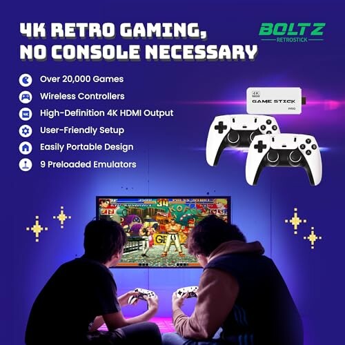 4K retro gaming setup with wireless controllers and HDMI output