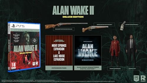 Alan Wake II Deluxe Edition content overview including game cover, weapons, expansions, and remastered edition.