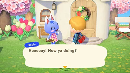 Animal Crossing character greeting a player outside a house.