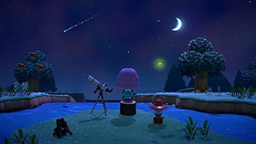 Character stargazing by a river in Animal Crossing game.