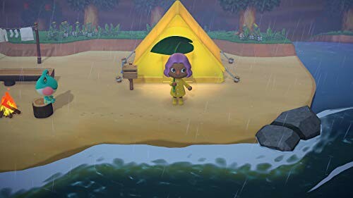 Character standing in front of a tent on a rainy beach in Animal Crossing.