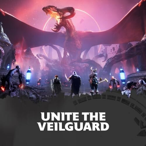 Fantasy scene with a dragon and warriors, text reads 'Unite the Veilguard'.