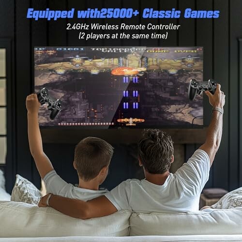 Father and son playing classic video games on a large screen with wireless controllers.