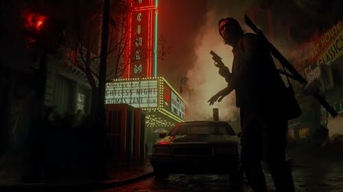 Silhouette of a person with a gun in a foggy city street at night with neon lights.