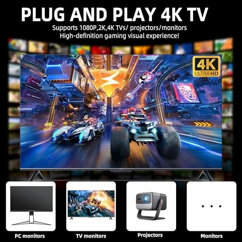 Plug and play 4K TV display with gaming visuals and device compatibility icons.