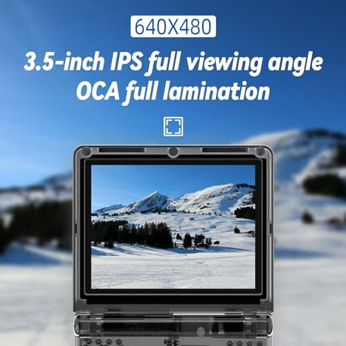 Portable device with 3.5-inch IPS display showing a snowy mountain landscape