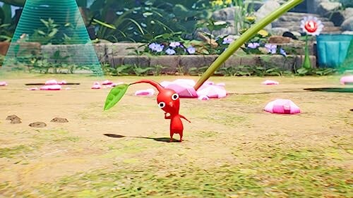 Red Pikmin character in a garden setting.