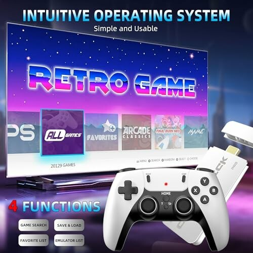 Retro game console with intuitive operating system and controller.