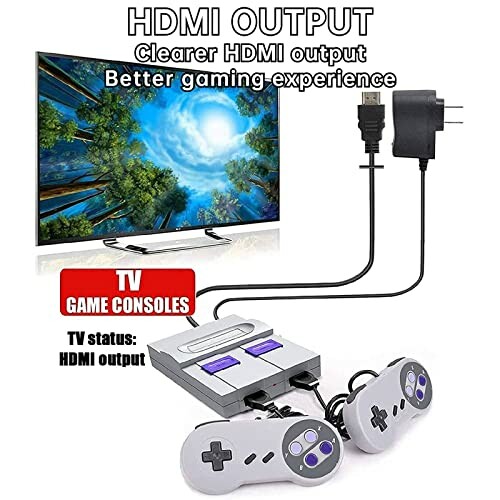 Retro gaming console with HDMI connection to TV and controllers.