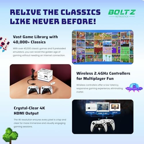 Retro gaming console with vast game library, wireless controllers, and 4K HDMI output