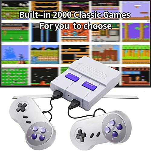 Retro gaming console with two controllers and game selection screen.