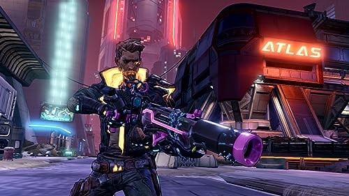 Sci-fi character holding a large futuristic weapon in a neon-lit cityscape.