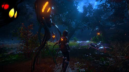 Futuristic character exploring a glowing alien forest at night.