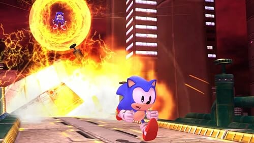 Sonic running in a fiery cityscape with a ring in the sky.