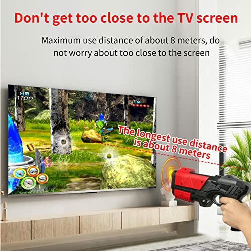 Warning about maintaining distance from TV screen while playing a game.