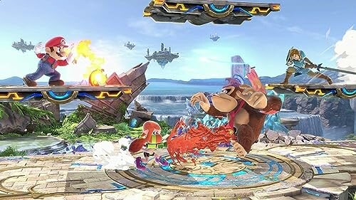 Video game characters battling in an arena with floating islands.