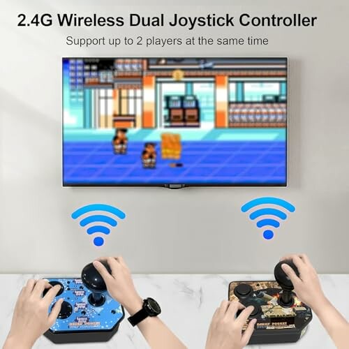 Two wireless joysticks used for gaming on a screen.