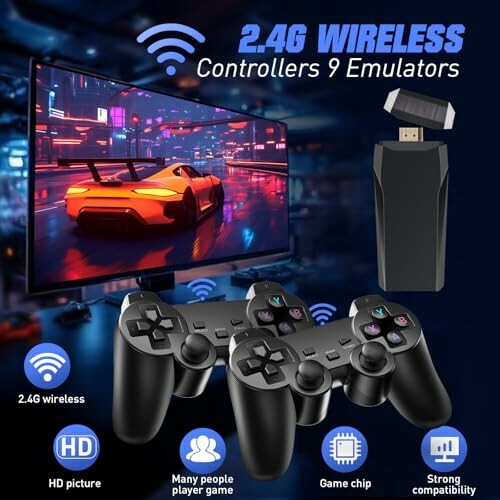 Wireless gaming controllers with HD display setup.