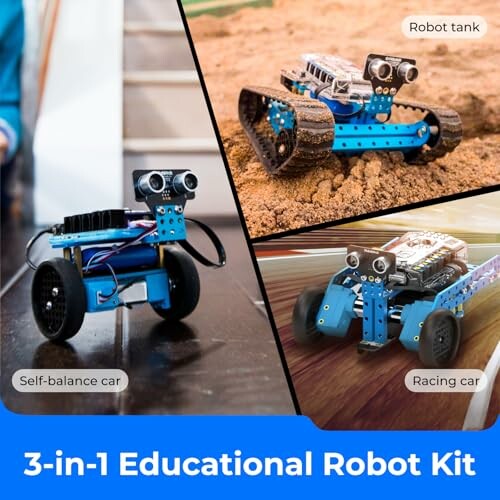 Three educational robots: self-balance car, robot tank, and racing car.