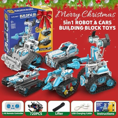 5-in-1 robot and cars building block toys with remote control and accessories.