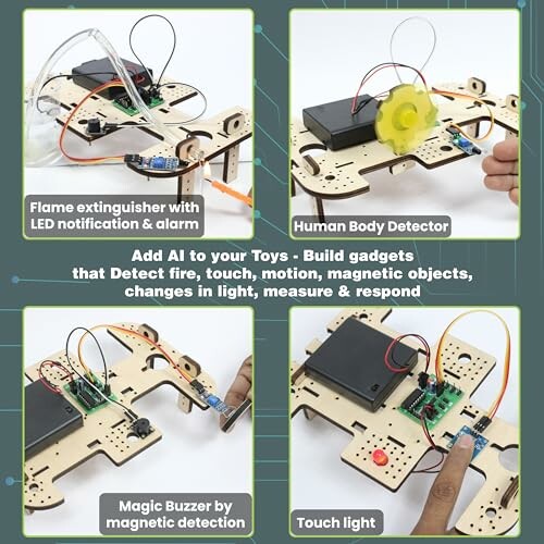 Four images of AI-enhanced toy gadgets with detectors and sensors.