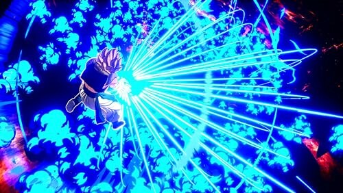 Anime character unleashing a powerful blue energy blast surrounded by glowing figures.