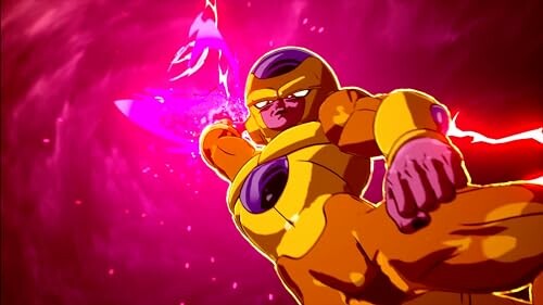 Anime character in golden armor unleashing a powerful energy blast.