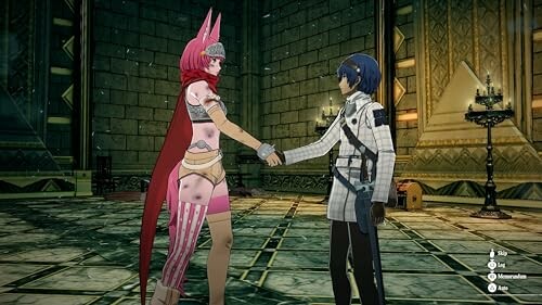 Two anime characters shaking hands in a medieval-style room.