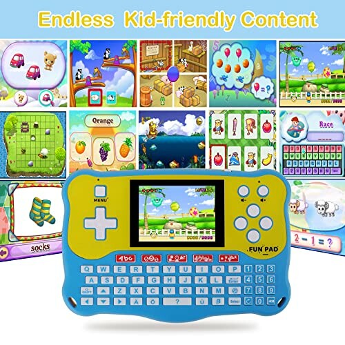 Colorful educational handheld game console for kids with various learning games displayed.