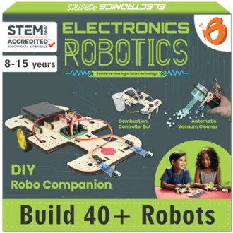 DIY robotics kit for kids aged 8-15 to build over 40 robots, including a combustion cotter bot and vacuum cleaner.