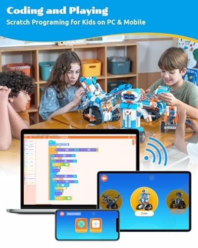 Children programming robots with laptops and tablets