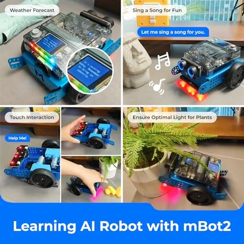 Collage of AI robot mBot2 with various functions including weather forecast, singing, touch interaction, and plant light optimization.