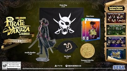 Like a Dragon: Pirate Yakuza in Hawaii Collector's Edition contents featuring a pirate flag, acrylic standee, eye patch, treasure coin pin, base game, and digital content packs.