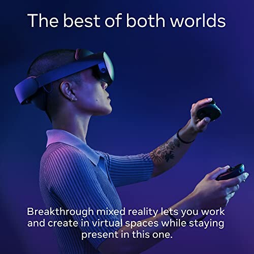 Person using a mixed reality headset and controllers in a virtual space.