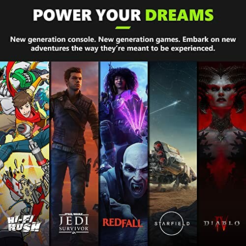 Gaming poster featuring Hi-Fi Rush, Star Wars Jedi Survivor, Redfall, Starfield, Diablo IV.