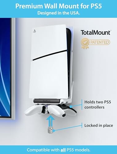 PS5 wall mount holding two controllers, designed in the USA.