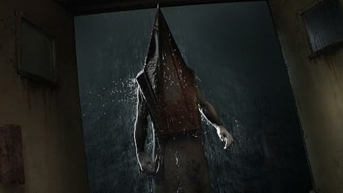 A menacing figure with a pyramid-shaped helmet in a dark, rainy setting