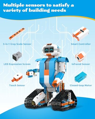 Robot kit with various sensors displayed around it.