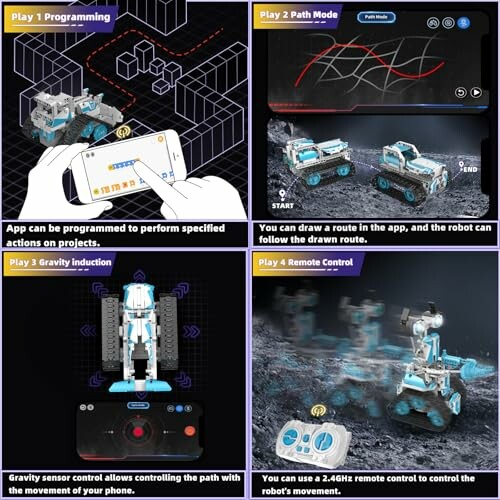 Four images showcasing robot features: programming via app, path mode with drawing, gravity induction control, and remote control.