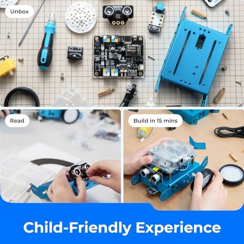 Child assembling a robotics kit, components and tools displayed.