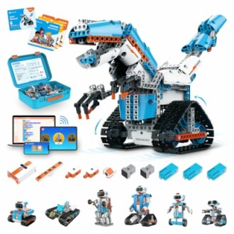 Robotics kit with building components and programming interface.