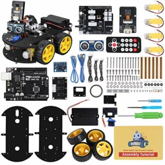 Components of a smart robot car kit including circuit boards, wheels, sensors, and assembly tools.