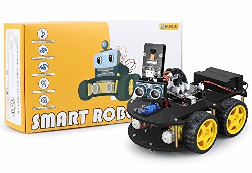 Smart robot kit with four wheels and electronic components.