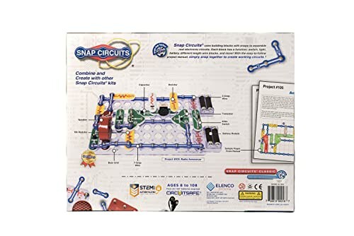 Snap Circuits electronics kit box showing components and project example.