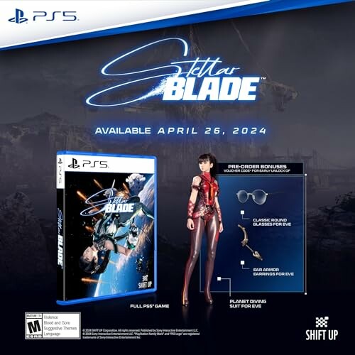 Stellar Blade PS5 game promotion with pre-order bonuses.