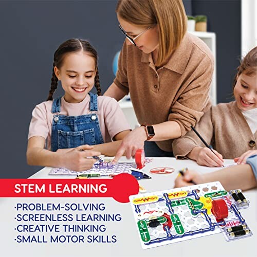 Children engaging with a STEM electronics learning kit guided by an adult.