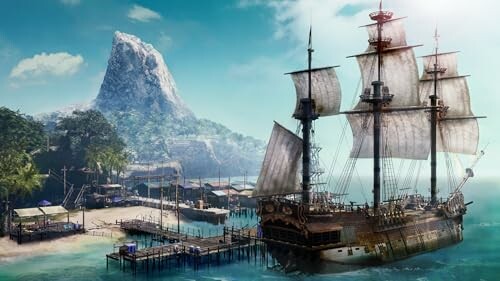 Pirate ship near tropical island with docks and mountains.