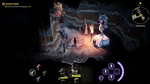 Video game scene in dungeon with character and statues