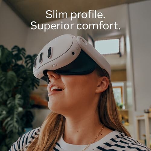 Woman wearing a VR headset with text 'Slim profile. Superior comfort.'