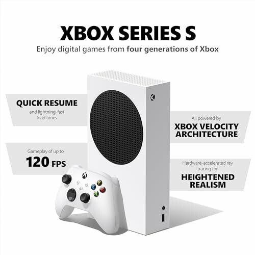 Xbox Series S console with controller and features highlighted.